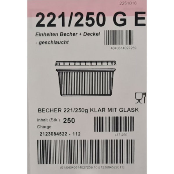 Rechteckbecher 250 Gramm mit Deckel Kt. = 250 St.